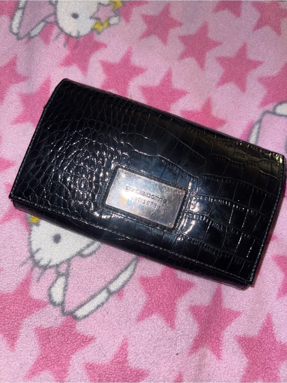 Liz Claiborne Black Croc-Embossed Card Holder with Logo Plaque
